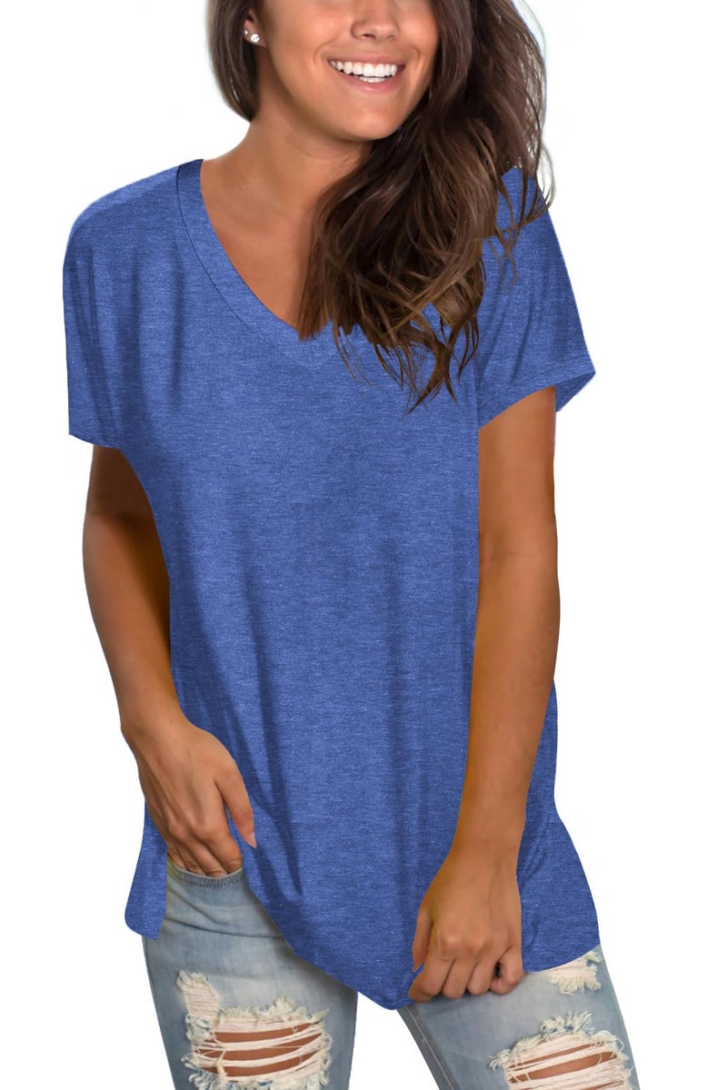 Sipaya Womens Summer Tops Short Sleeve V Neck T Shirts Soft Basic Tshirts Loose Fitting Blue M - Image 2